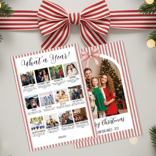 年を振り返る アーチ写真と赤いリボンのクリスマス シーズンカード