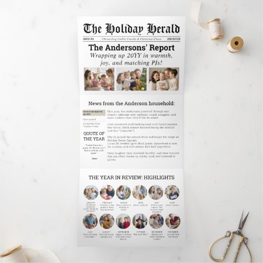 年を振り返る 新聞 ニュース 家族の写真 三つ折りクリスマスカード (内部)