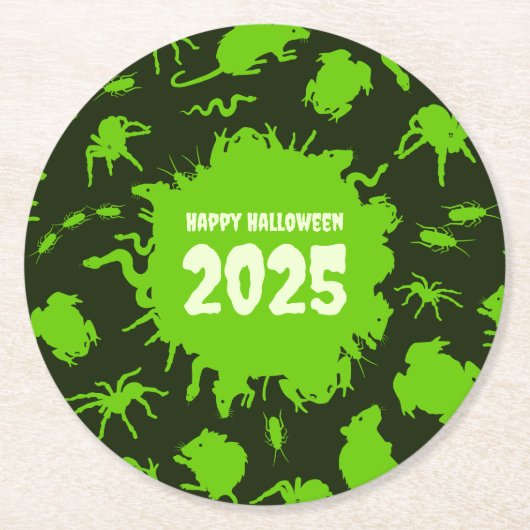 年を追加するハッピーハローウィン緑の不気味なクローリー ラウンドペーパーコースター (正面)
