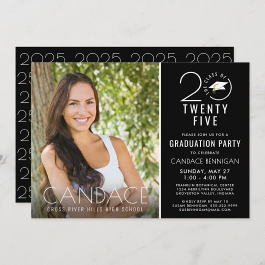 年モダン間タイポグラフィ写真グラッドキャップ 招待状 (正面/裏面)