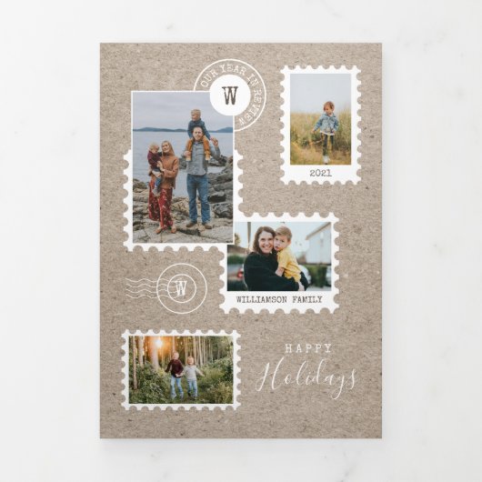 年レビュー家族の写真切手コラージュ 三つ折り招待状 (カバー)