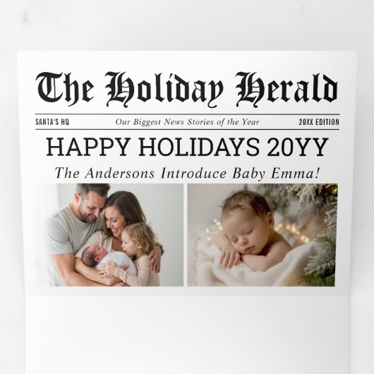 年内総決算 新聞 ファミリー ベイビー アーチ フォト 三つ折りクリスマスカード (内部最初)