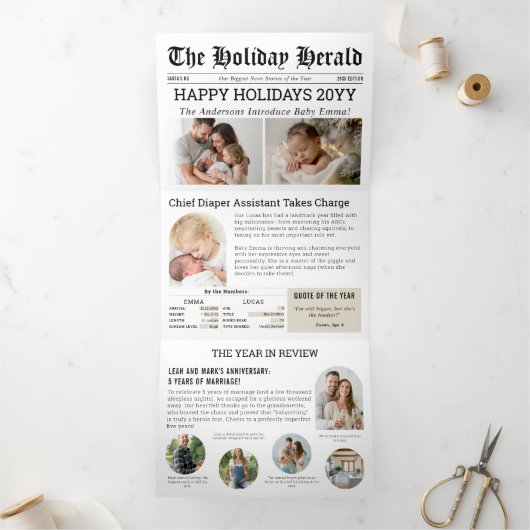 年内総決算 新聞 ファミリー ベイビー アーチ フォト 三つ折りクリスマスカード (内部)