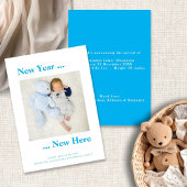 年末年始ここに写真男の赤ちゃん発表ブルー 案内状