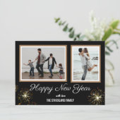 年末年始のフォトホリデーカードブラック&金ゴールド火災 サンキューカード (スタンド正面)