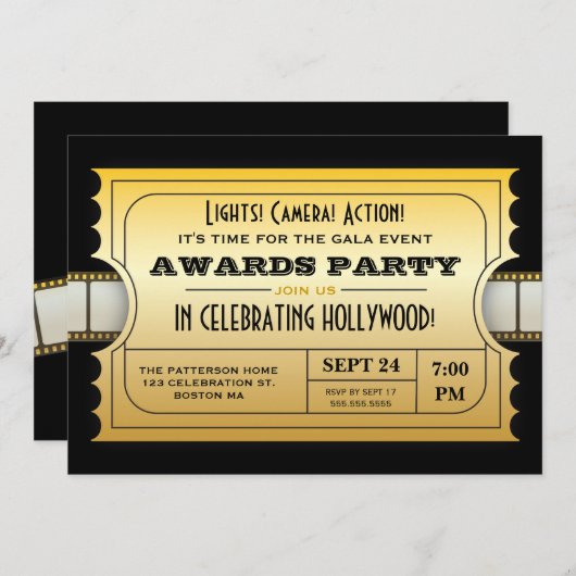 年次映画賞によっては金チケットがパーティを楽しみます 招待状 (正面/裏面)