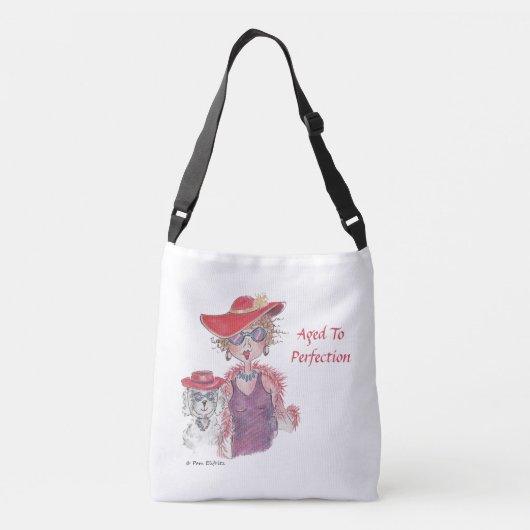 年老いた赤帽の女性とプードル クロスボディバッグ (裏面)