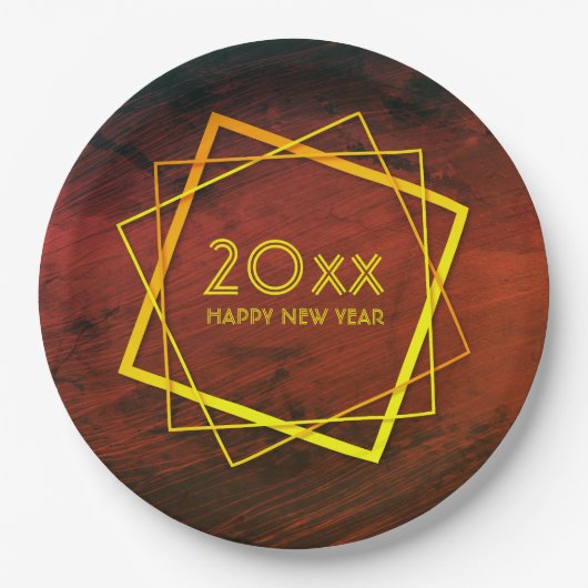 年賀新年20xx幾何学模様金ゴールド9" ペーパープレート (正面)