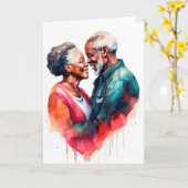 年配のカップルがロマンチックに抱き合っている カード (黄色い花)