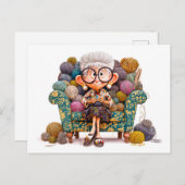 年配の女性の編み物は糸に囲まれて幸せに シーズンポストカード (正面/裏面)