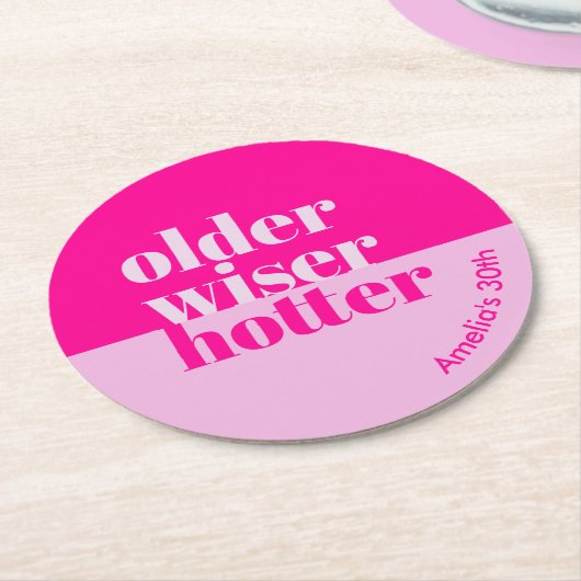 年配、ワイザー、ホッタピンクミニマルクはっきりした誕生日 ラウンドペーパーコースター (アングル)