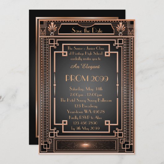 年長後輩プロムホワイトゴールドの幾何学的な皇帝 招待状 (正面/裏面)