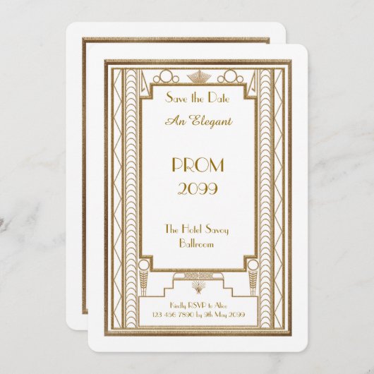 、年長後輩、プロム幾何学的な金ゴールド白いアールデコ 招待状 (正面/裏面)