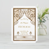 、年長後輩、プロム幾何学的な金ゴールド白いアールデコ 招待状 (スタンド正面)