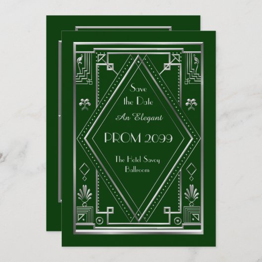 、年長後輩、プロム緑のアールデコ銀製 招待状 (正面/裏面)