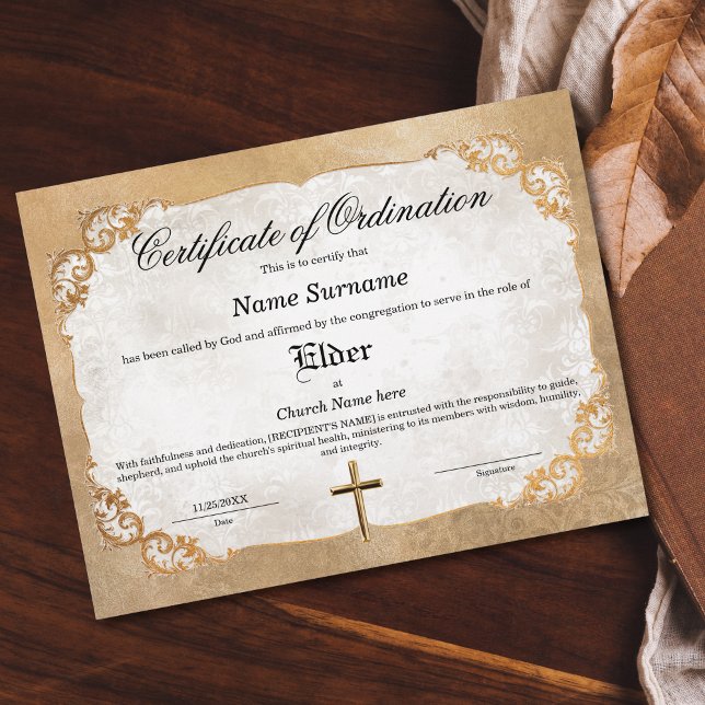 年長教会戒令書 (golden floral frame vintage feel elder church certificate)