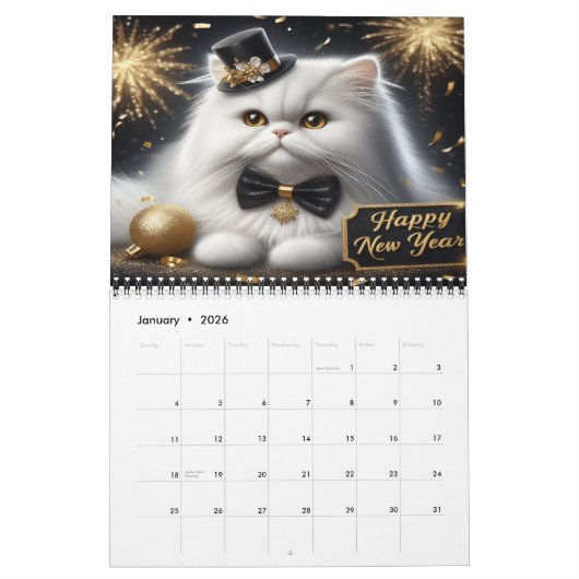 年間お祝い愛らしい休日の猫20XX カレンダー (1月 2026)