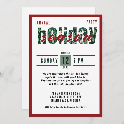 年間のクリスマスパーティータイポグラフィ 招待状 (正面/裏面)