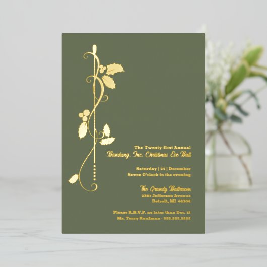 年間の企業のクリスマスパーティー金ゴールド 箔招待状 (立ち正面)