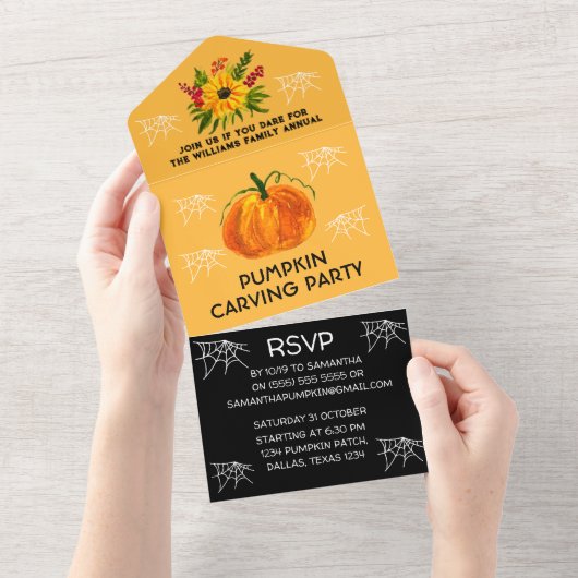 年間ファミリーパンプキンカービングパーティーハロウィーン オールインワン招待状 (貼ってはがせる)