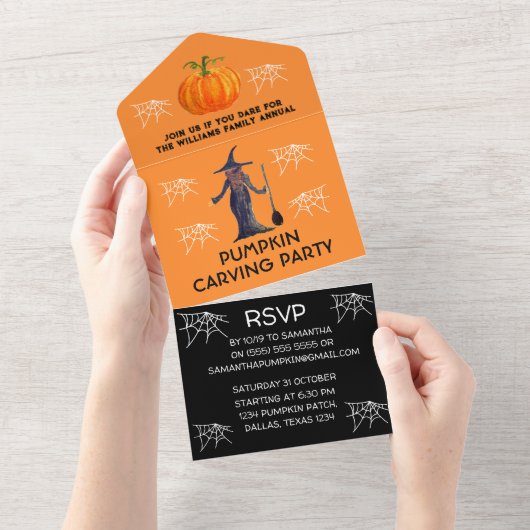 年間ファミリーパンプキンカービングパーティーハロウィーン オールインワン招待状 (貼ってはがせる)