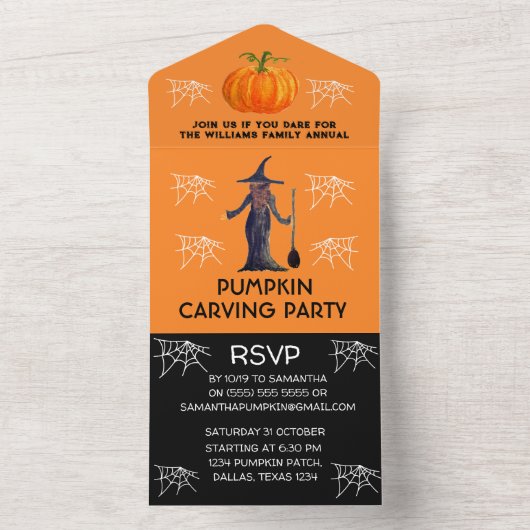 年間ファミリーパンプキンカービングパーティーハロウィーン オールインワン招待状 (内側)
