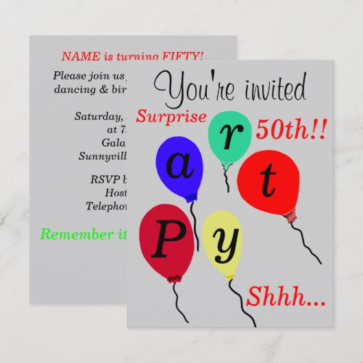 年齢お祝いシルバーサプライズ 50歳の誕生日バルーン いくつになっても 招待状 (正面/裏面)