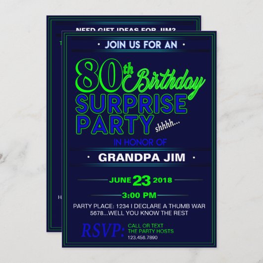 年齢のびっくりパーティの招待- Shhh! 青緑 招待状 (正面/裏面)