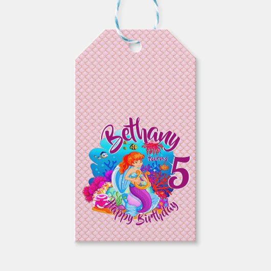 年齢の変更の名前Mermaid誕生日パーティーのパーソナライズ ギフトタグ (正面)