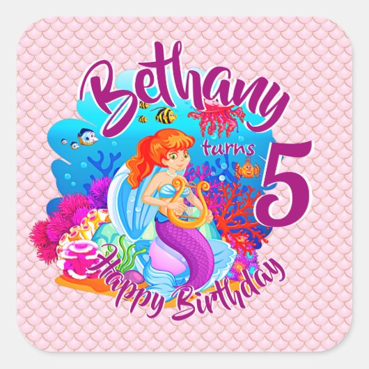 年齢の変更の名前Mermaid誕生日パーティーのパーソナライズ スクエアシール (正面)