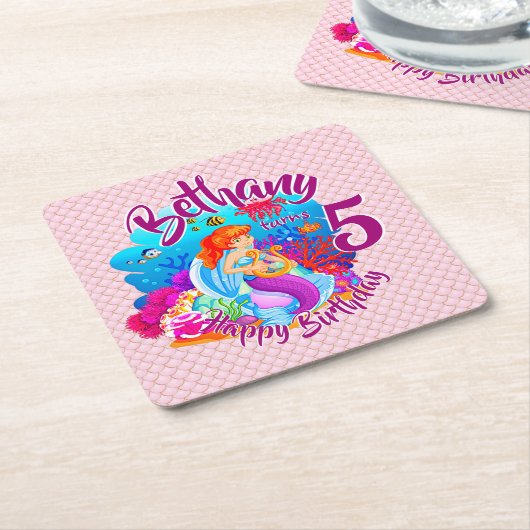 年齢の変更の名前Mermaid誕生日パーティーのパーソナライズ スクエアペーパーコースター (アングル)