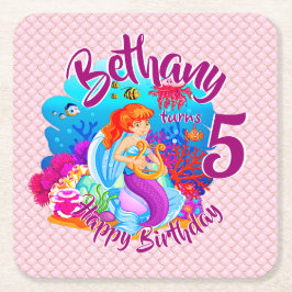 年齢の変更の名前Mermaid誕生日パーティーのパーソナライズ スクエアペーパーコースター