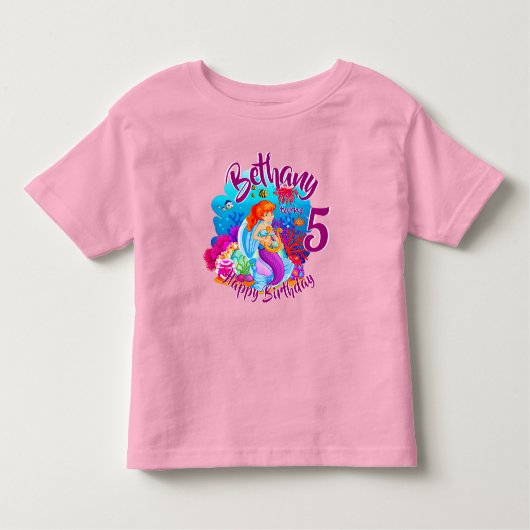 年齢の変更の名前Mermaid誕生日パーティーのパーソナライズ トドラーTシャツ (正面)