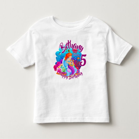 年齢の変更の名前Mermaid誕生日パーティーのパーソナライズ トドラーTシャツ (正面)
