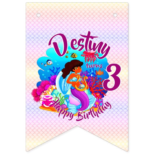 年齢の変更の名前Mermaid誕生日パーティーのパーソナライズ バンティングフラッグ (第1の旗)