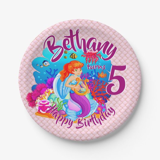 年齢の変更の名前Mermaid誕生日パーティーのパーソナライズ ペーパープレート (正面)