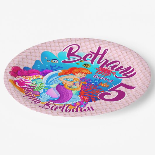 年齢の変更の名前Mermaid誕生日パーティーのパーソナライズ ペーパープレート (アングル)