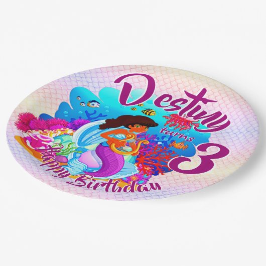 年齢の変更の名前Mermaid誕生日パーティーのパーソナライズ ペーパープレート (アングル)