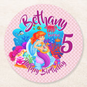 年齢の変更の名前Mermaid誕生日パーティーのパーソナライズ ラウンドペーパーコースター (正面)