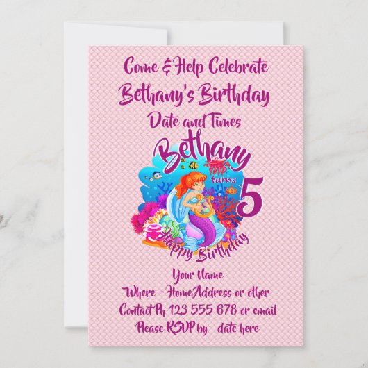 年齢の変更の名前Mermaid誕生日パーティーのパーソナライズ 招待状 (正面)