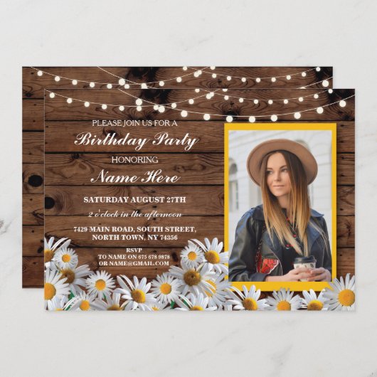 年齢の誕生会のデイジーの木製の写真の招待30 招待状 (正面/裏面)