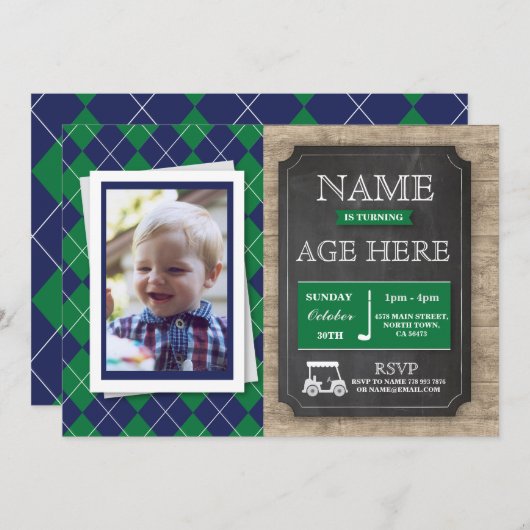 年齢の誕生会の写真の招待をゴルフをするゴルフ 招待状 (正面/裏面)