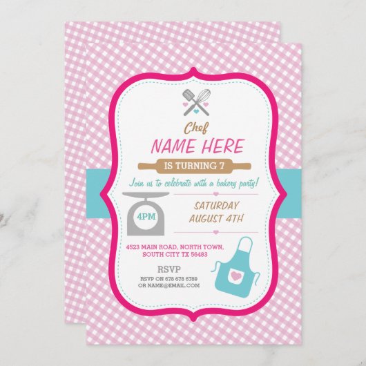 年齢の誕生会の女の子の招待を焼くベーカリー 招待状 (正面/裏面)