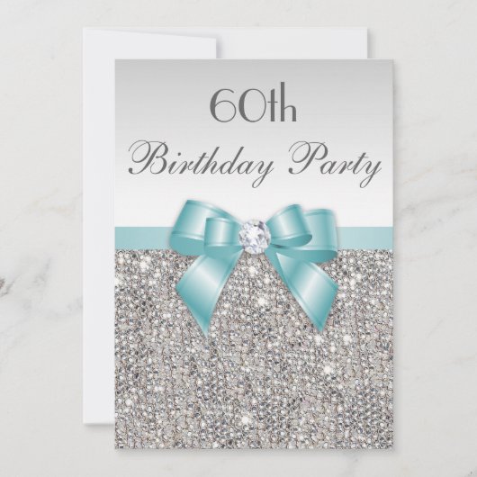 年齢の誕生会の銀のスパンコールのティール（緑がかった色）の弓 招待状 (正面)