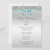 年齢の誕生会の銀のスパンコールのティール(緑がかった色)の弓 招待状 (裏面)