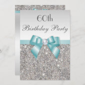 年齢の誕生会の銀のスパンコールのティール(緑がかった色)の弓 招待状 (正面/裏面)