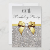 年齢の誕生会の銀のスパンコールの金ゴールドの弓 招待状 (正面)