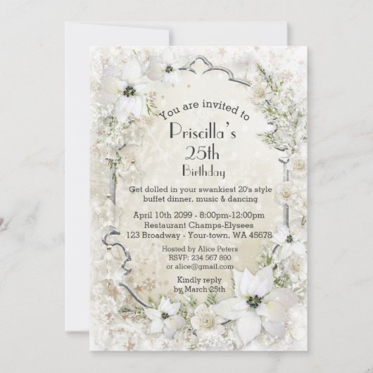 年齢の誕生会、白い冬の不思議の国 招待状 (正面)