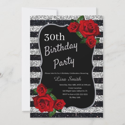 年齢の誕生日の銀および黒いグリッターの赤いバラ 招待状 (正面)