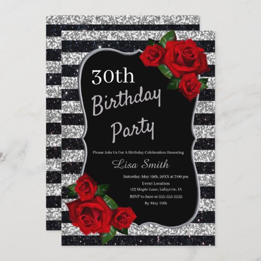 年齢の誕生日の銀および黒いグリッターの赤いバラ 招待状 (正面/裏面)
